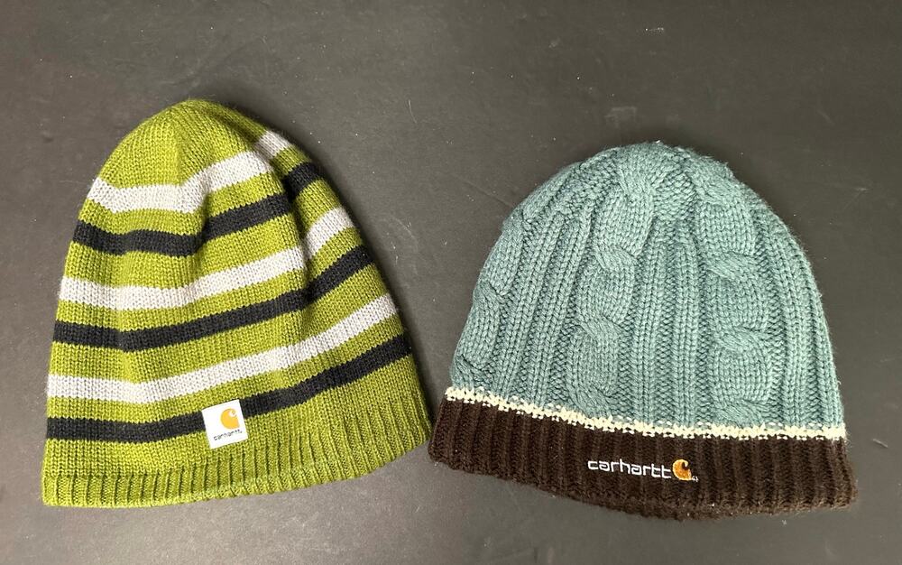 lot of 2^ Carhartt Beanie Fleece lined + Reversible Knit Cap Green Black Stripe